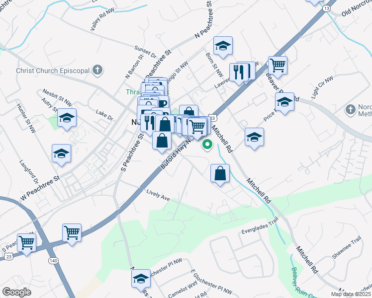 map of restaurants, bars, coffee shops, grocery stores, and more near 5766 Buford Highway in Norcross