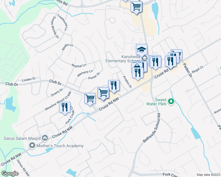 map of restaurants, bars, coffee shops, grocery stores, and more near 1001 Primrose View Circle Northwest in Lawrenceville