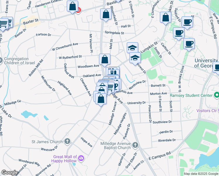 map of restaurants, bars, coffee shops, grocery stores, and more near South Lumpkin Street in Athens