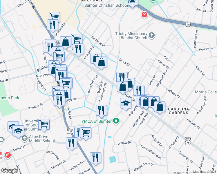 map of restaurants, bars, coffee shops, grocery stores, and more near 13 Community St in Sumter