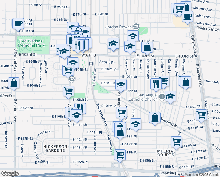 map of restaurants, bars, coffee shops, grocery stores, and more near 1807 East 107th Street in Los Angeles