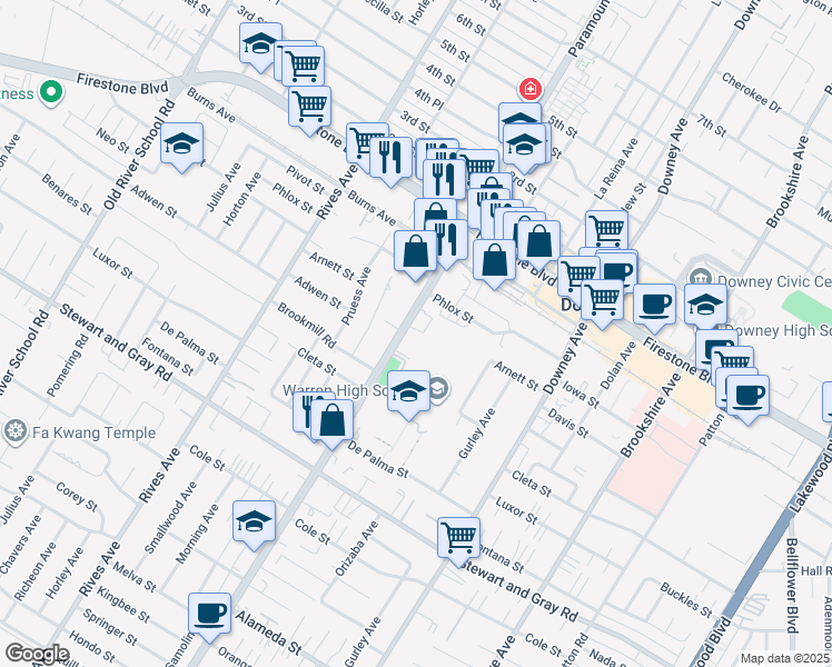map of restaurants, bars, coffee shops, grocery stores, and more near 11546 Paramount Boulevard in Downey
