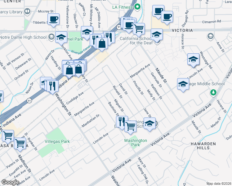 map of restaurants, bars, coffee shops, grocery stores, and more near 3075 Miguel Street in Riverside