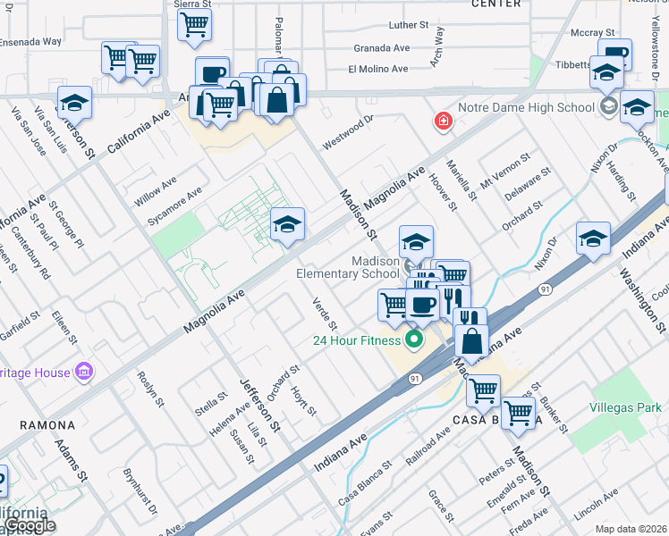 map of restaurants, bars, coffee shops, grocery stores, and more near 3741 Cortez Street in Riverside