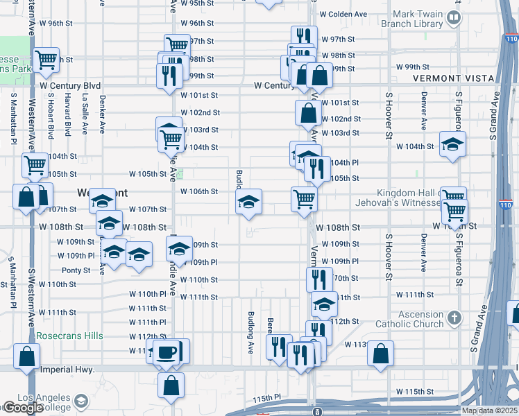 map of restaurants, bars, coffee shops, grocery stores, and more near 1111 West 107th Street in Los Angeles