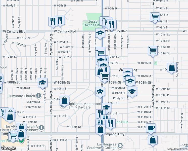 map of restaurants, bars, coffee shops, grocery stores, and more near 10636 South Saint Andrews Place in Los Angeles