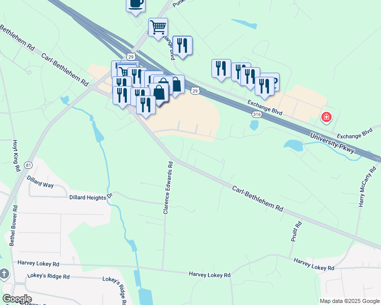 map of restaurants, bars, coffee shops, grocery stores, and more near 445 Carl Bethlehem Road Southwest in Bethlehem