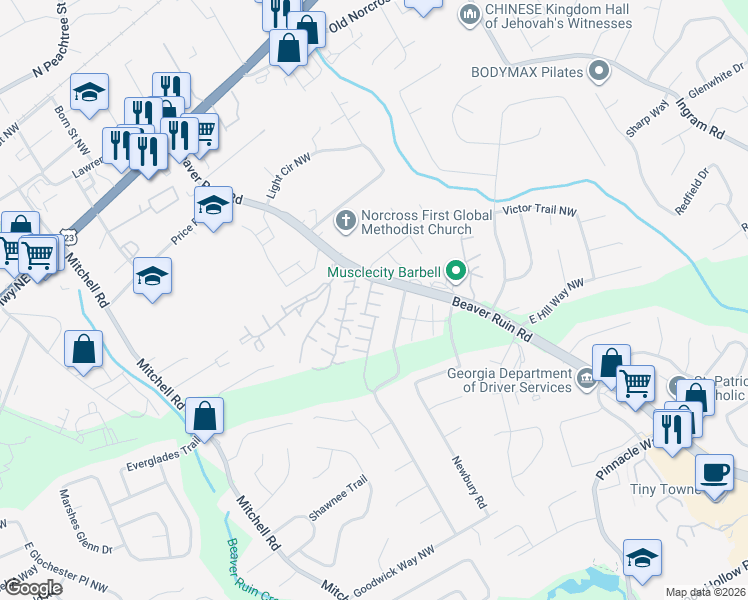 map of restaurants, bars, coffee shops, grocery stores, and more near 5365 Hickory Knoll Northwest in Norcross