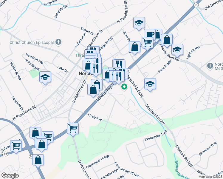 map of restaurants, bars, coffee shops, grocery stores, and more near 5766 Buford Highway in Norcross