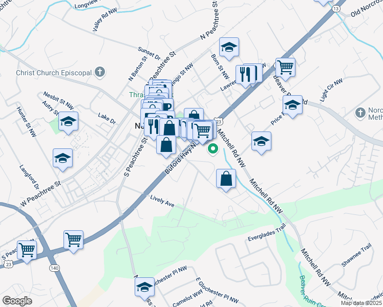 map of restaurants, bars, coffee shops, grocery stores, and more near 5766 Buford Highway in Norcross