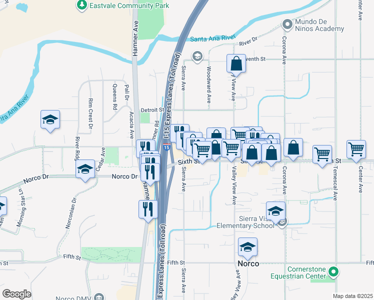 map of restaurants, bars, coffee shops, grocery stores, and more near 3969 Sierra Avenue in Norco
