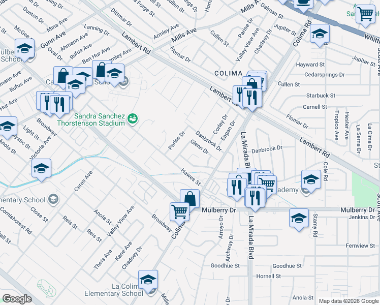 map of restaurants, bars, coffee shops, grocery stores, and more near 10529 Corley Drive in Whittier