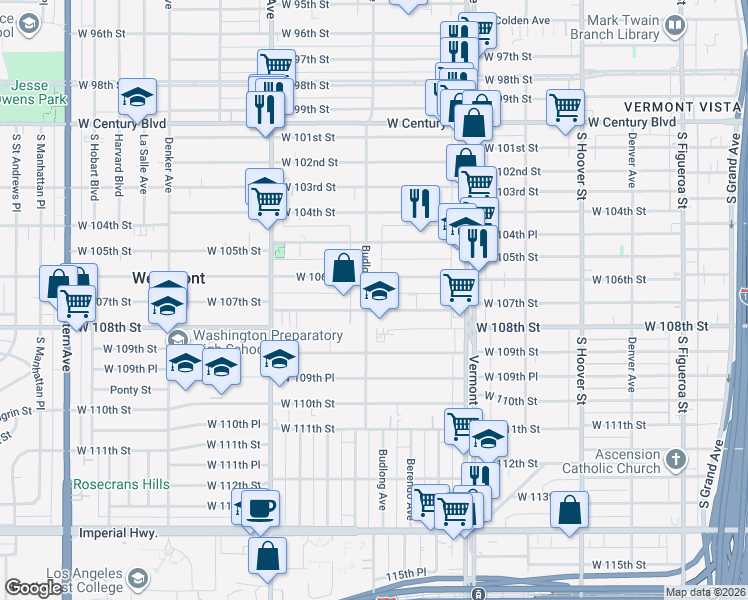 map of restaurants, bars, coffee shops, grocery stores, and more near 10626 Budlong Avenue in Los Angeles