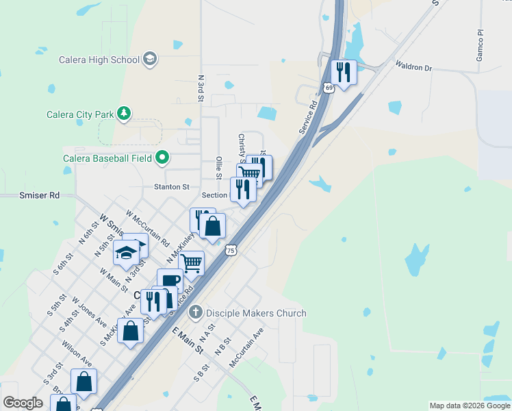 map of restaurants, bars, coffee shops, grocery stores, and more near 801 North McKinley Avenue in Calera