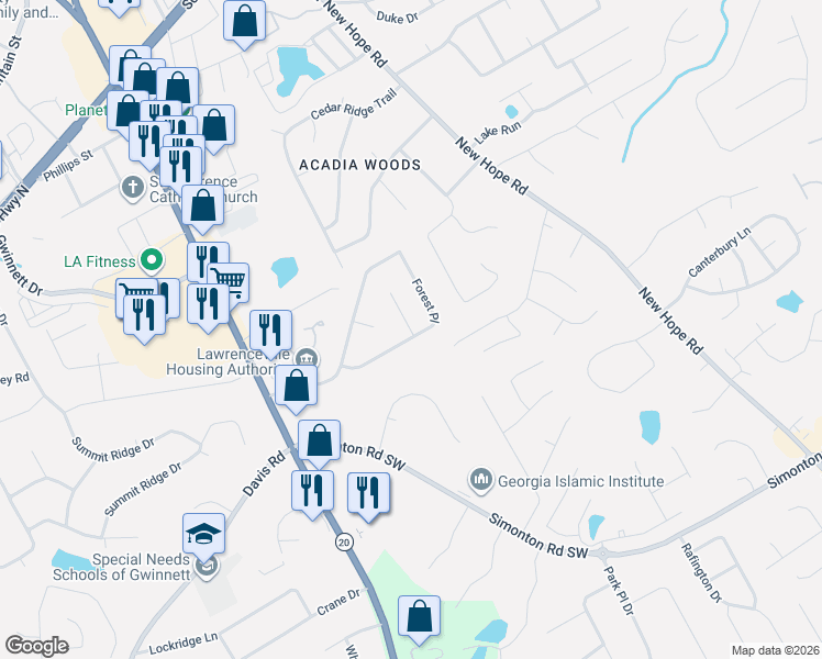 map of restaurants, bars, coffee shops, grocery stores, and more near 574 Timber Ridge Court in Lawrenceville