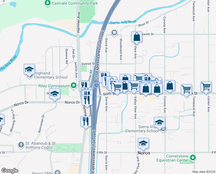 map of restaurants, bars, coffee shops, grocery stores, and more near 3969 Sierra Avenue in Norco