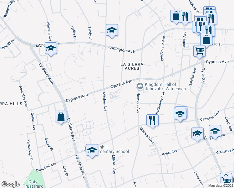 map of restaurants, bars, coffee shops, grocery stores, and more near 10702 Cypress Avenue in Riverside