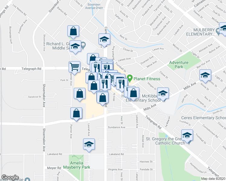 map of restaurants, bars, coffee shops, grocery stores, and more near 13438 Telegraph Road in Whittier