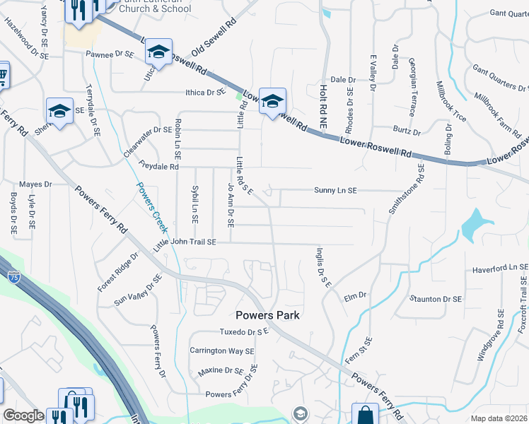 map of restaurants, bars, coffee shops, grocery stores, and more near 2452 Princess Lane Southeast in Marietta