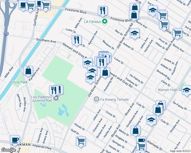 map of restaurants, bars, coffee shops, grocery stores, and more near 7352 Nada Street in Downey