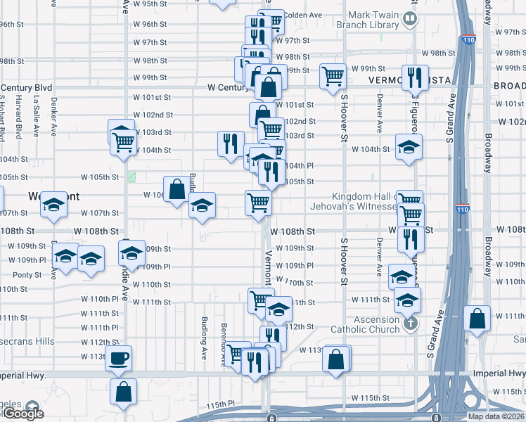 map of restaurants, bars, coffee shops, grocery stores, and more near 10631 South Vermont Avenue in Los Angeles