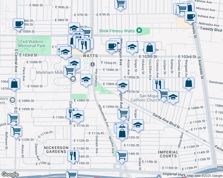 map of restaurants, bars, coffee shops, grocery stores, and more near 1807 East 107th Street in Los Angeles