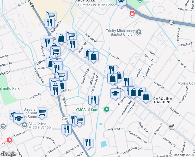 map of restaurants, bars, coffee shops, grocery stores, and more near 13 Community St in Sumter