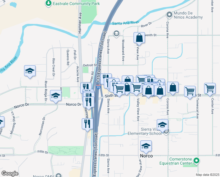 map of restaurants, bars, coffee shops, grocery stores, and more near 3969 Sierra Avenue in Norco