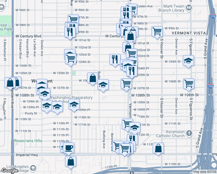 map of restaurants, bars, coffee shops, grocery stores, and more near 1119 West 107th Street in Los Angeles