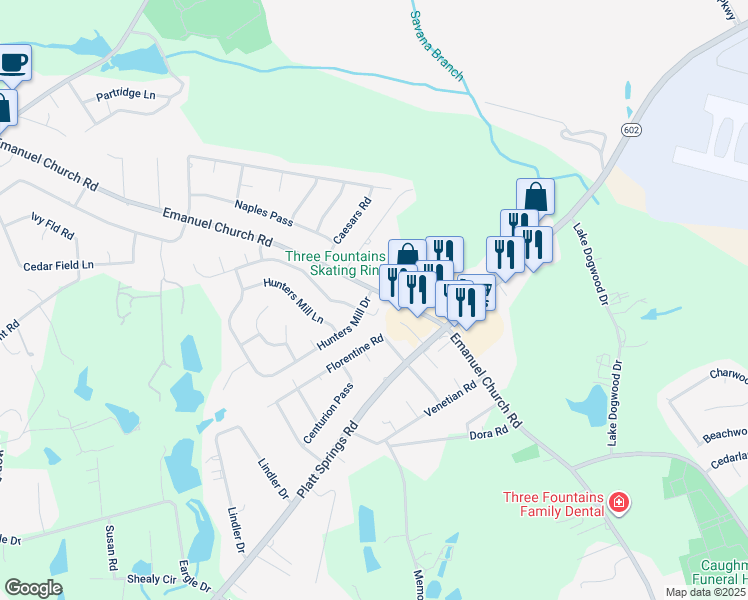 map of restaurants, bars, coffee shops, grocery stores, and more near 107 Hunters Mill Drive in West Columbia