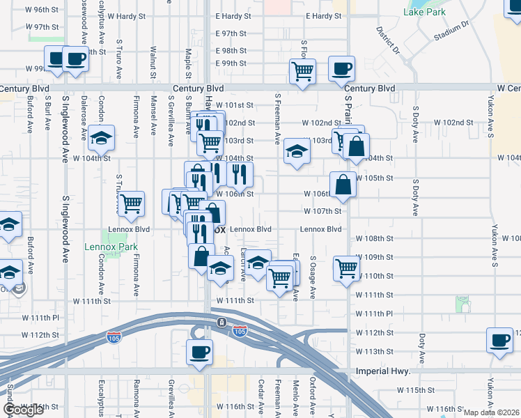 map of restaurants, bars, coffee shops, grocery stores, and more near 4227 West 107th Street in Inglewood