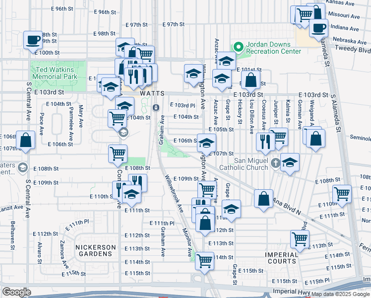 map of restaurants, bars, coffee shops, grocery stores, and more near 1801 East 107th Street in Los Angeles