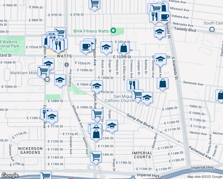 map of restaurants, bars, coffee shops, grocery stores, and more near 10618 Grape Street in Los Angeles