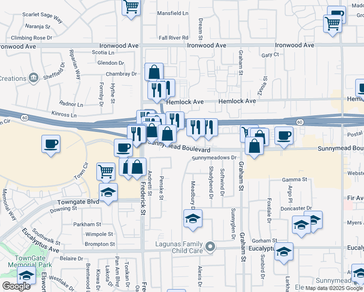 map of restaurants, bars, coffee shops, grocery stores, and more near 23166 Sunnymead Boulevard in Moreno Valley