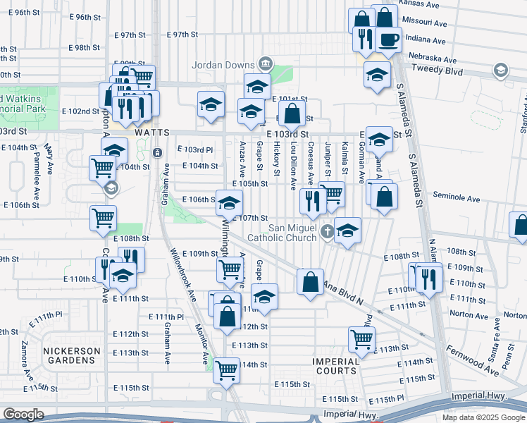 map of restaurants, bars, coffee shops, grocery stores, and more near 10618 Grape Street in Los Angeles