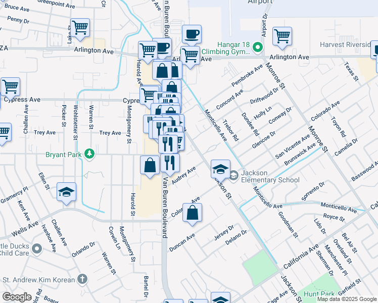 map of restaurants, bars, coffee shops, grocery stores, and more near 4790 Jackson Street in Riverside