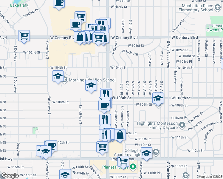 map of restaurants, bars, coffee shops, grocery stores, and more near 10634 Crenshaw Boulevard in Inglewood