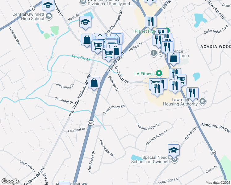 map of restaurants, bars, coffee shops, grocery stores, and more near 173 Oak Terrace in Lawrenceville