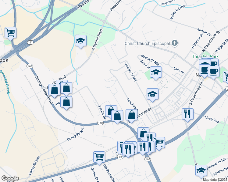 map of restaurants, bars, coffee shops, grocery stores, and more near 2831 Peterson Place Northwest in Norcross