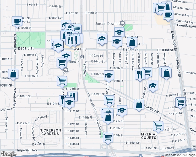 map of restaurants, bars, coffee shops, grocery stores, and more near 1801 East 107th Street in Los Angeles