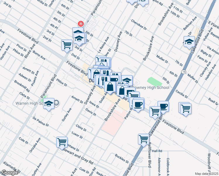 map of restaurants, bars, coffee shops, grocery stores, and more near Firestone Blvd & Dolan Ave in Downey
