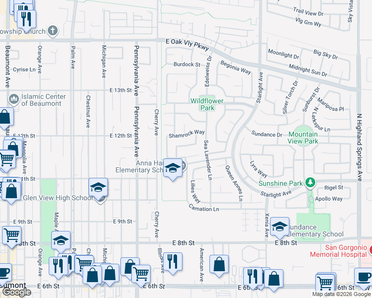 map of restaurants, bars, coffee shops, grocery stores, and more near 1359 Laurestine Way in Beaumont