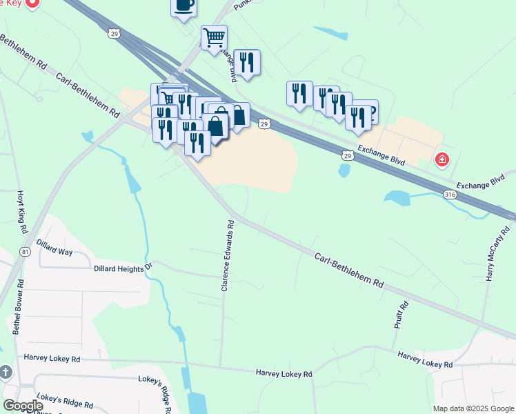 map of restaurants, bars, coffee shops, grocery stores, and more near 445 Carl-Bethlehem Road in Bethlehem