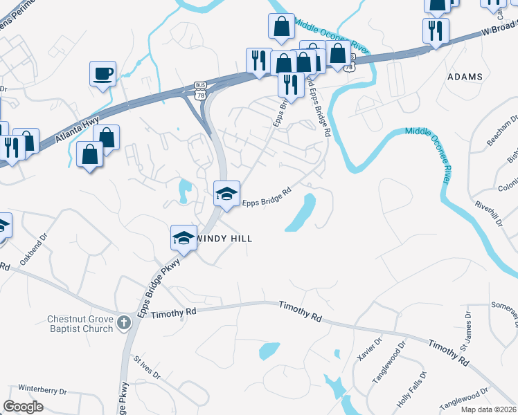map of restaurants, bars, coffee shops, grocery stores, and more near 421 Old Epps Bridge Road in Athens