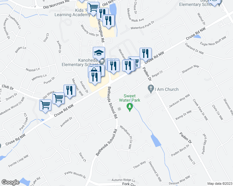 map of restaurants, bars, coffee shops, grocery stores, and more near 2624 Majestic Way in Lawrenceville