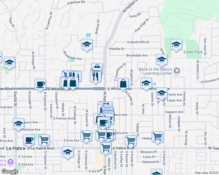 map of restaurants, bars, coffee shops, grocery stores, and more near 1239 East Whittier Boulevard in La Habra