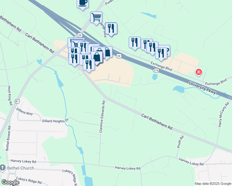 map of restaurants, bars, coffee shops, grocery stores, and more near 445 Carl Bethlehem Road Southwest in Bethlehem