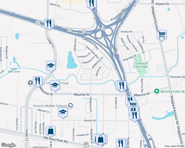 map of restaurants, bars, coffee shops, grocery stores, and more near 2724 Byrne Place in Wichita Falls