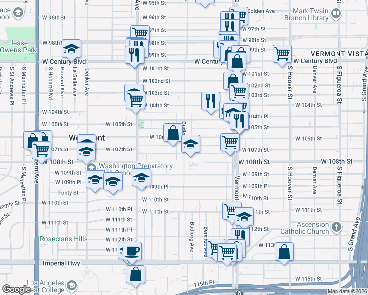 map of restaurants, bars, coffee shops, grocery stores, and more near 10625 South Budlong Avenue in Los Angeles