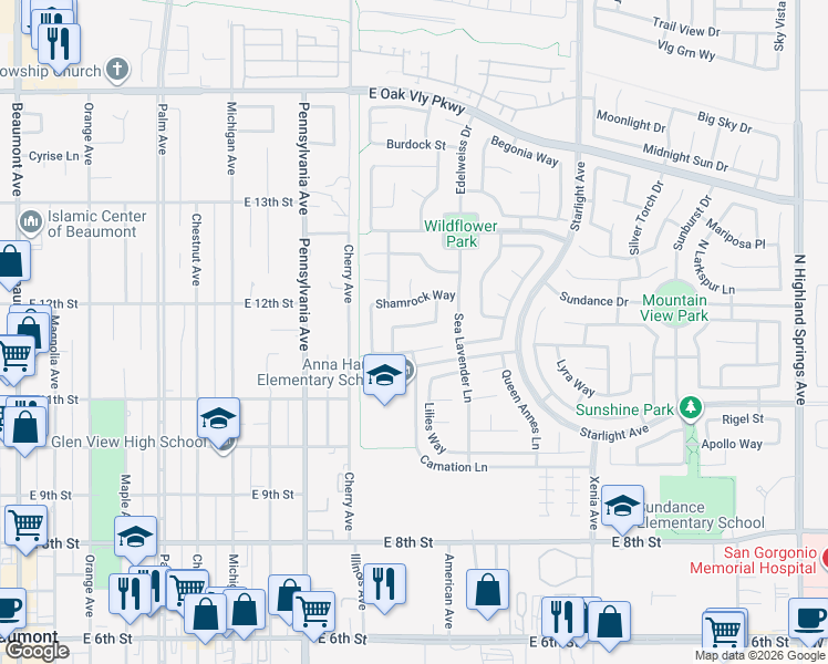 map of restaurants, bars, coffee shops, grocery stores, and more near 1359 Laurestine Way in Beaumont